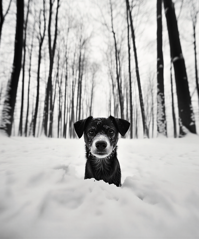 Hund im Schnee, sitzend im Wald  Black_Dog_in_Snowy_Forest.png